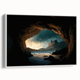 Framed canvas wall art showcasing a serene landscape with caves, featuring a white frame and a side view perspective, perfect for modern home decor.