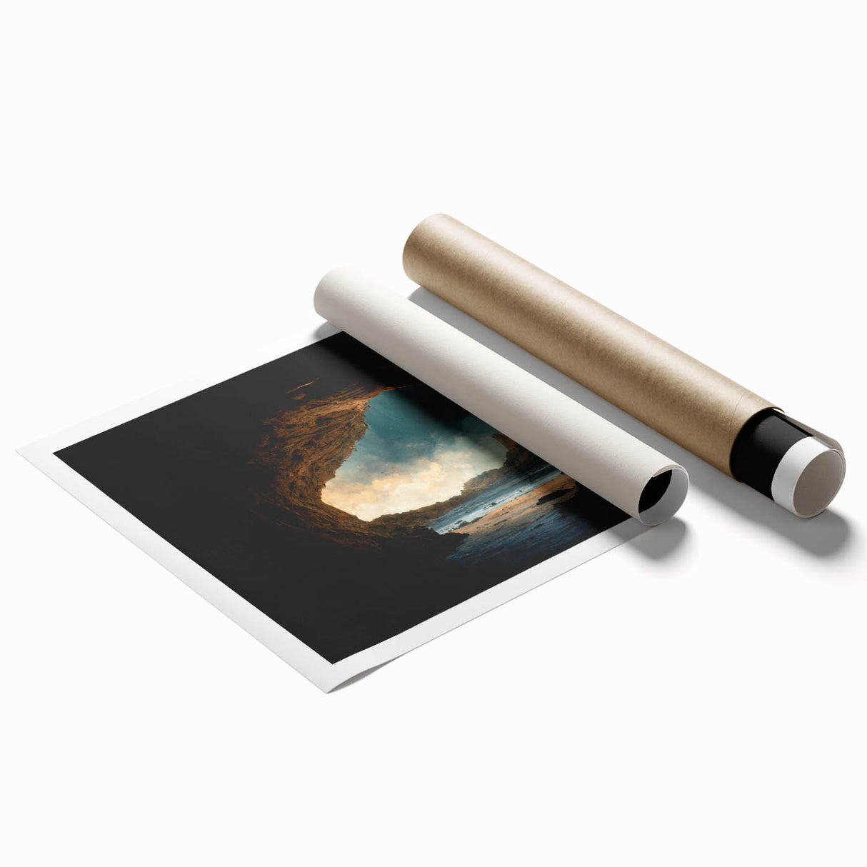 Rolled canvas print showcasing a vibrant landscape design featuring intricate cave formations and earthy hues, ideal for modern home decor.