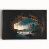Stretched canvas wall art showcasing a vibrant landscape design with abstract cave motifs, ideal for modern home decor, enhancing living spaces with color and depth.