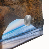 Close-up of a vibrant acrylic wall art piece showcasing abstract landscapes with cave designs, featuring rich colors and intricate textures, ideal for modern home decor.