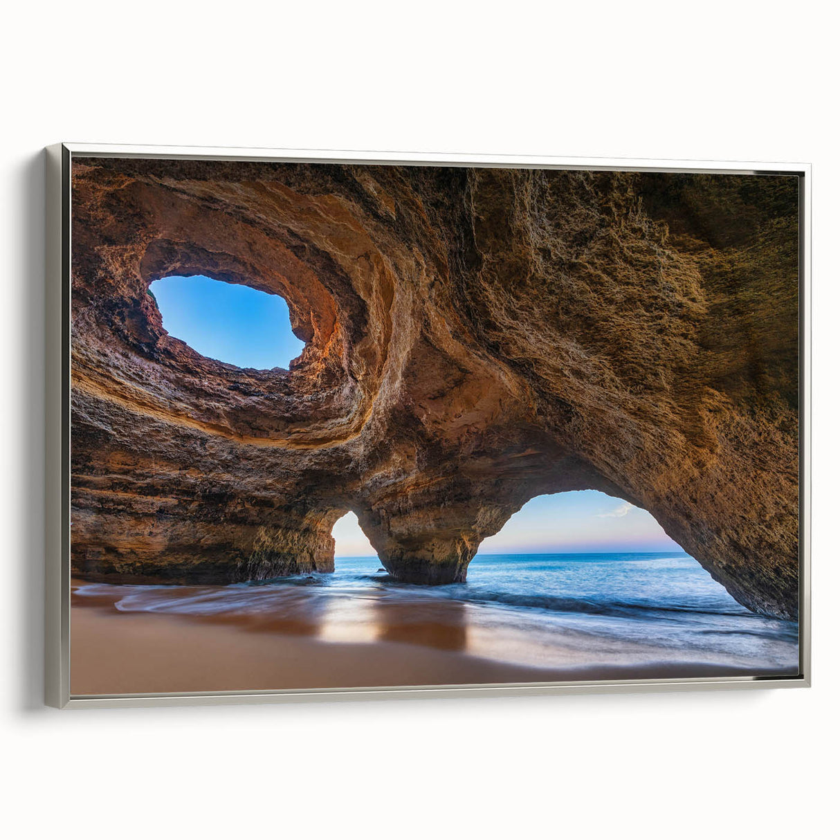 Framed wall art collection showcasing a stunning landscape and cave design, featuring a silver frame, ideal for modern home decor.