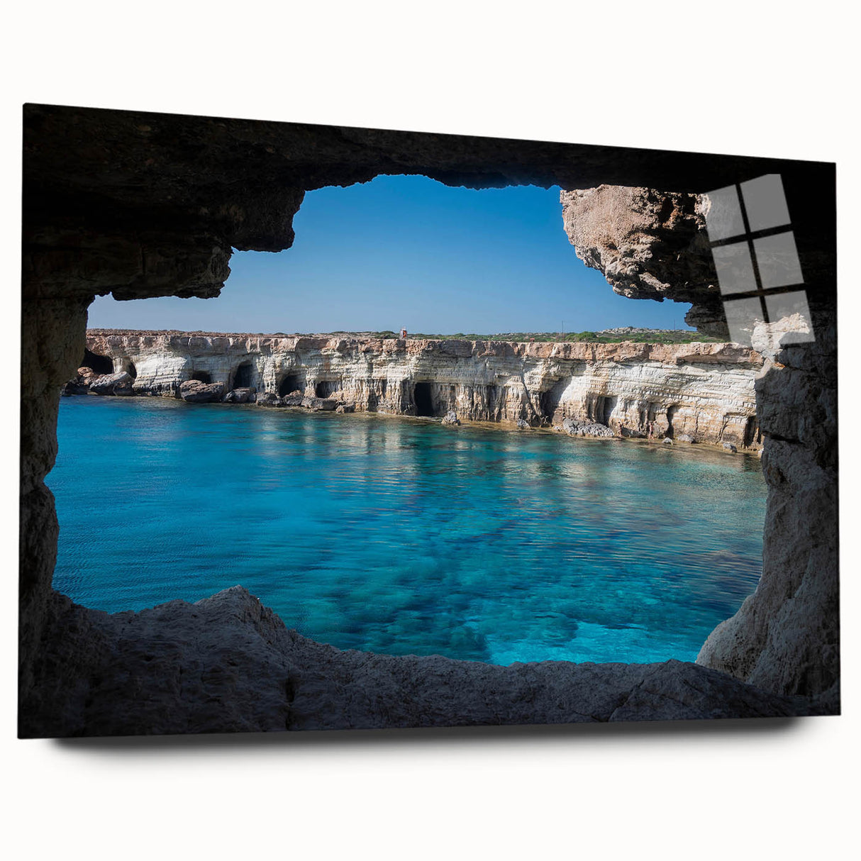 Acrylic glass wall art collection showcasing an abstract landscape design featuring vibrant colors and intricate details, displayed in a side view without pins, perfect for modern decor.