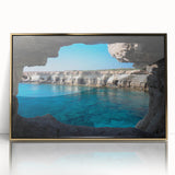 Framed acrylic wall art showcasing a vibrant cave landscape design with gold accents, ideal for modern home decor, available in a stylish front view presentation.
