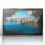 Framed acrylic wall art showcasing a stunning landscape of caves, featuring intricate details and a modern silver frame, perfect for enhancing any home decor.