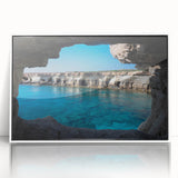 Framed acrylic wall art collection showcasing vibrant landscapes and cave designs, featuring a modern white frame, ideal for contemporary home decor.