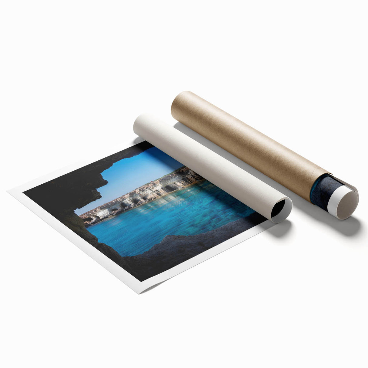Vibrant rolled print showcasing a stunning abstract landscape design with cave elements, ideal for modern home decor, elegantly packaged in a protective tube.