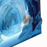 Close-up view of a stunning acrylic glass wall art piece showcasing a vibrant landscape with caves and natural textures, perfect for modern home decor.