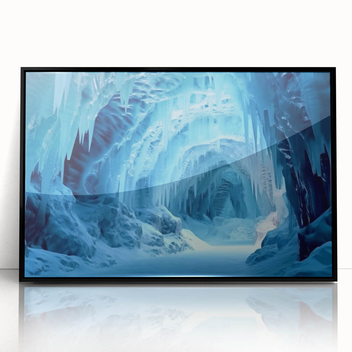 Framed wall art collection showcasing a stunning landscape design featuring intricate cave formations, presented in a sleek black frame, ideal for modern home decor.