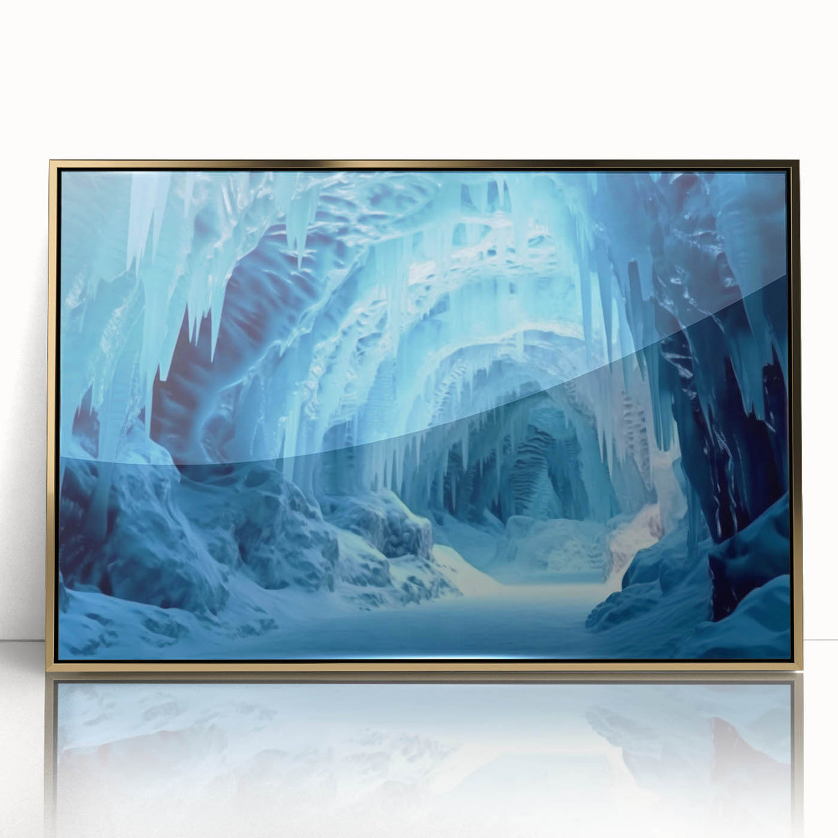 Framed acrylic wall art featuring a stunning cave landscape design with gold accents, ideal for modern decor, showcasing intricate details and vibrant colors.
