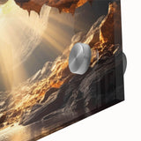 Close-up of a vibrant acrylic glass wall art piece showcasing an intricate landscape design with cave formations, ideal for modern home decor and artistic spaces.