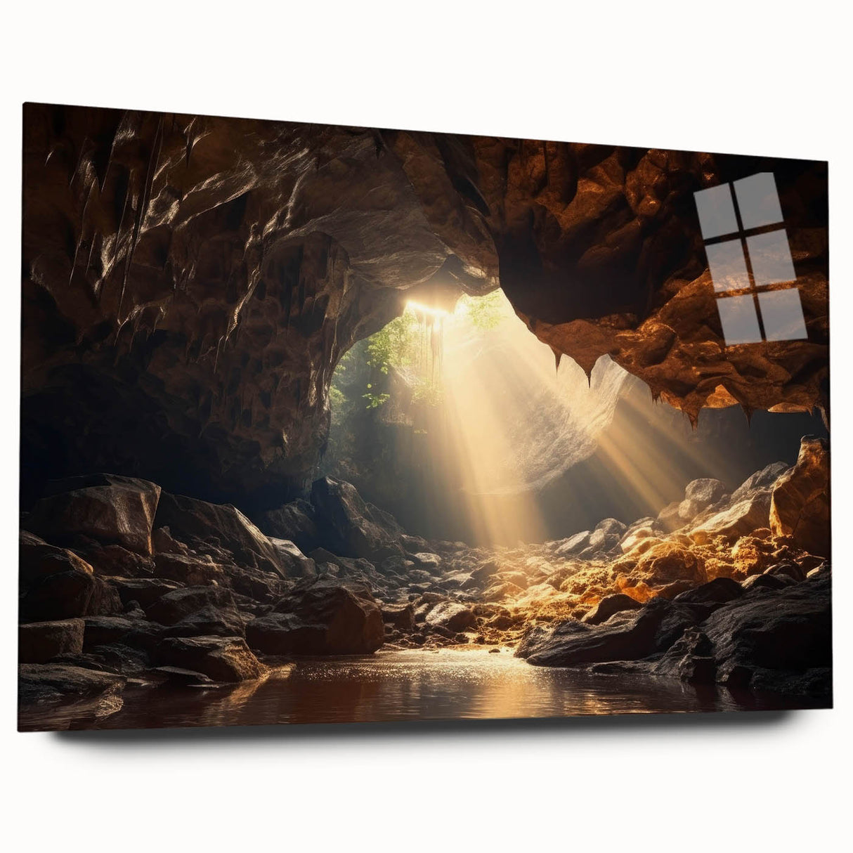 Acrylic glass wall art collection showcasing a vibrant landscape design with caves, displayed from a side view. Ideal for modern home decor and artistic enhancement.