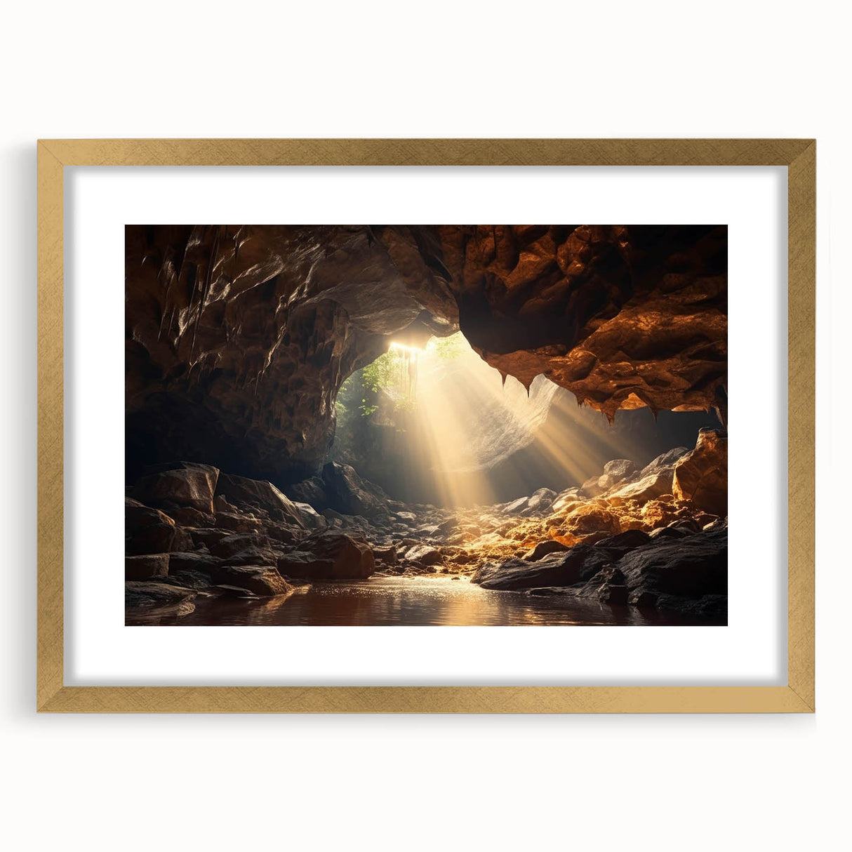 Framed wall art collection showcasing vibrant landscape and cave designs in gold matting, ideal for enhancing home decor with artistic elegance.