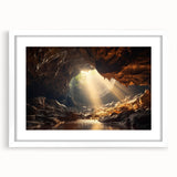 Framed wall art showcasing a beautiful cave landscape design, featuring a white mat and sleek frame, ideal for enhancing modern home decor aesthetics.