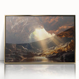 Framed acrylic wall art featuring a stunning cave landscape design in gold tones, ideal for modern home decor, showcasing intricate details and textures.