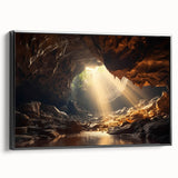 Framed canvas wall art depicting a stunning landscape with intricate cave designs, featuring a sleek black frame and side view showcasing its modern aesthetic. Perfect for enhancing home decor.