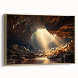 Framed landscape wall art depicting a serene cave scene, featuring rich gold accents and a modern design. Ideal for enhancing home decor with elegance.