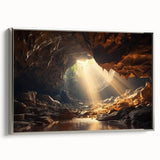 Framed canvas wall art showcasing a stunning landscape with intricate cave designs, featuring a silver frame that enhances the visual appeal, perfect for home decor.