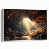 Framed canvas wall art featuring a stunning landscape design with caves, showcased in a sleek white frame. Perfect for enhancing modern home decor.