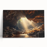 Stretched canvas wall art showcasing a serene cave landscape design with earthy tones, ideal for modern home decor, leaning against a wall.