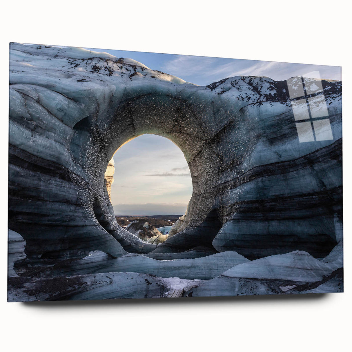 Acrylic glass wall art display featuring a vibrant landscape design of caves, showcasing rich colors and intricate textures, ideal for modern home decor.