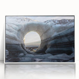 Framed acrylic wall art showcasing a stunning landscape with cave designs, featuring a white frame that complements the artwork. Ideal for modern home decor.