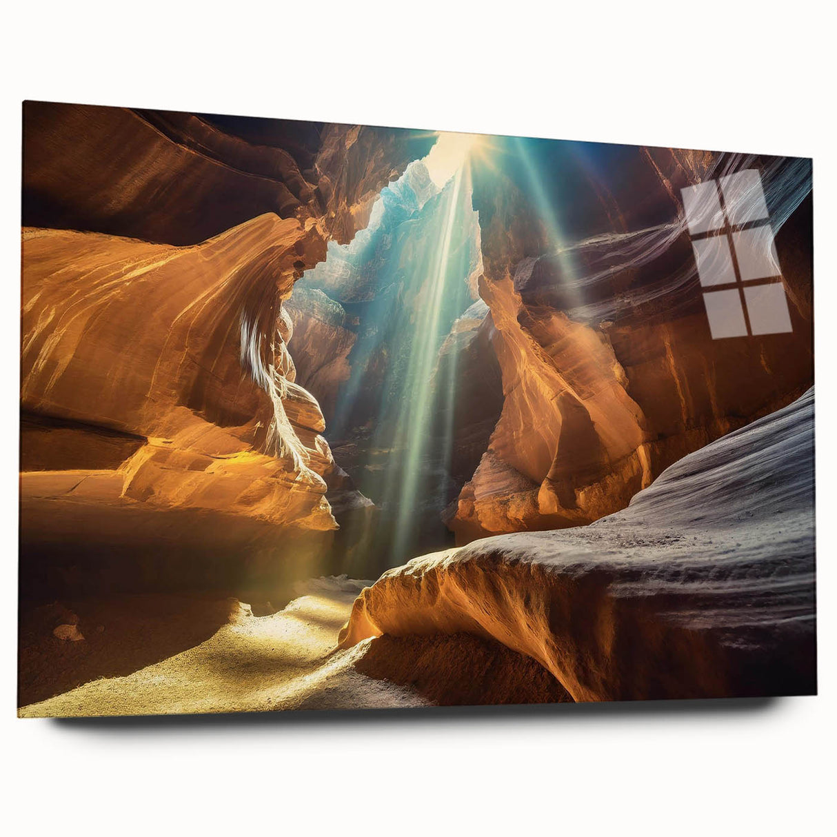 Acrylic glass wall art design showcasing a stunning landscape with intricate cave details, presented in a side view without pins, ideal for modern home decor.