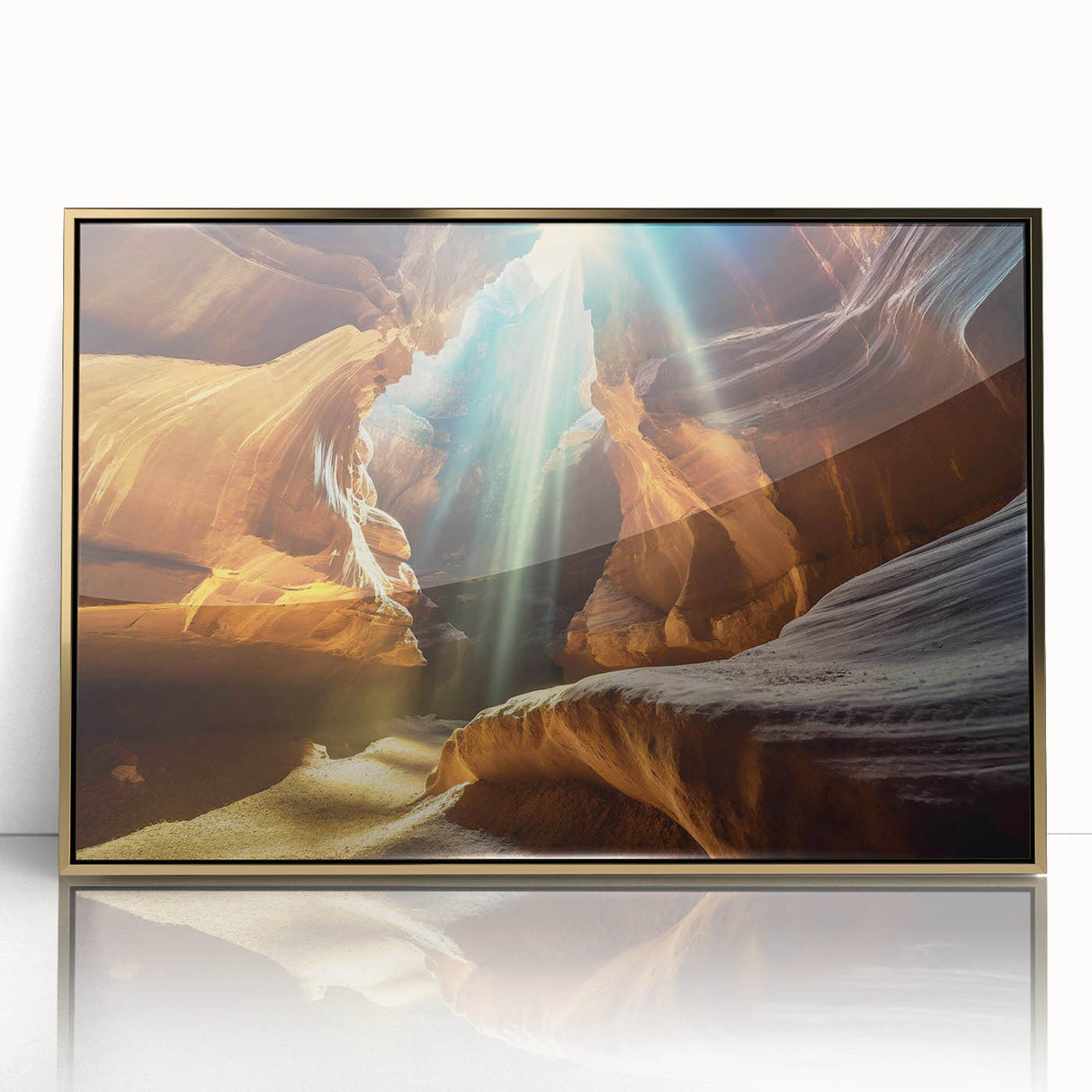 Framed acrylic wall art depicting an abstract design of golden landscapes and caves, showcasing intricate details and vibrant colors, perfect for modern decor.