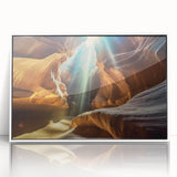 Framed acrylic wall art featuring a stunning landscape of caves, showcasing intricate details and vibrant colors, perfect for enhancing any modern decor.