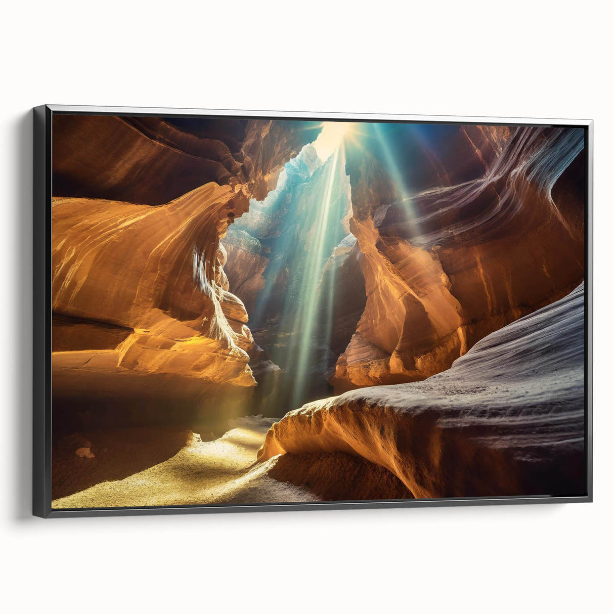 Framed canvas wall art showcasing an abstract landscape design with cave motifs, featuring a sleek black frame and elegant side view presentation.
