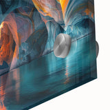 Close-up view of an acrylic glass wall art collection showcasing intricate cave landscapes, featuring rich colors and detailed textures perfect for home decor.