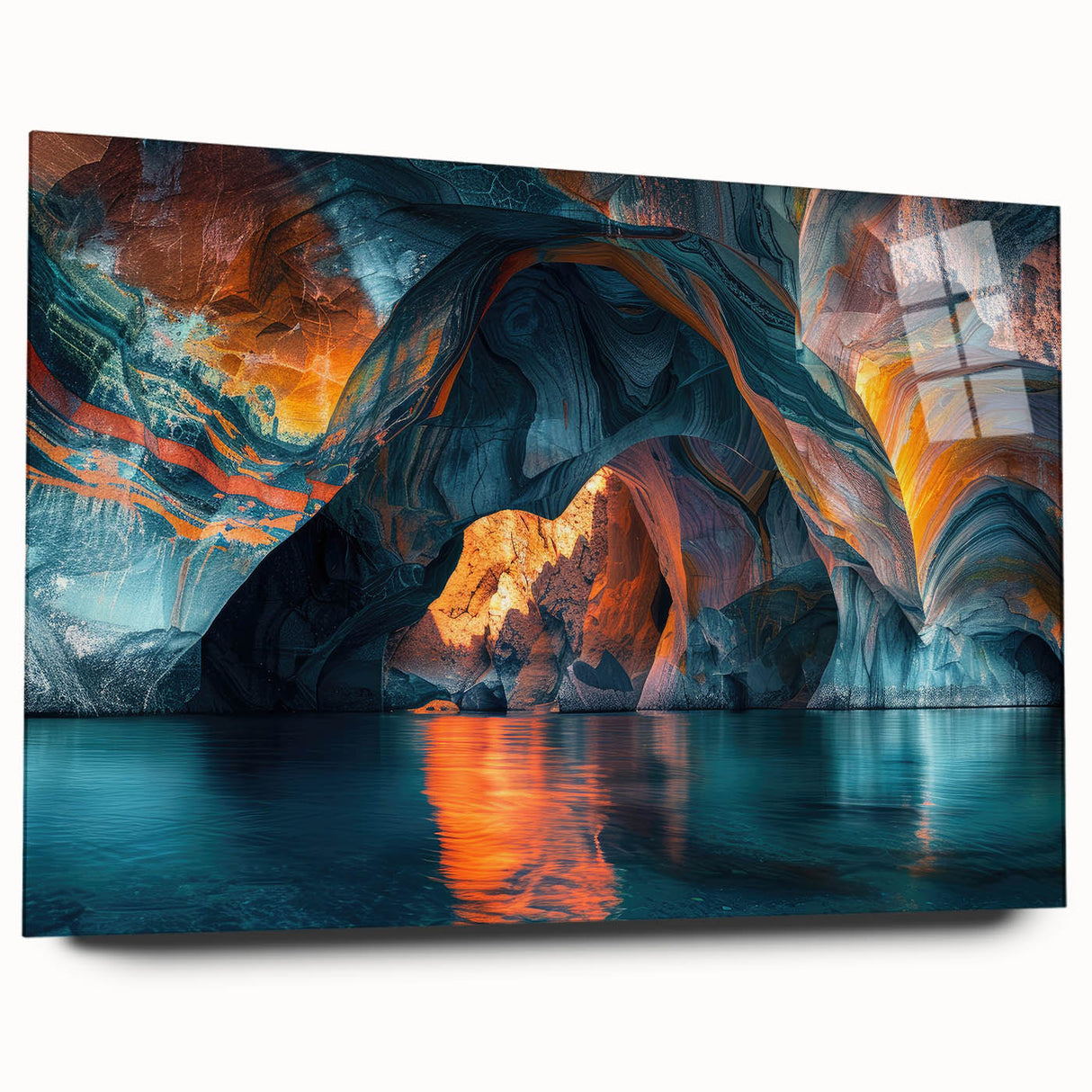 Acrylic glass wall art design showcasing a vibrant landscape scene with caves, displayed in a side view without pins, perfect for modern home decor.