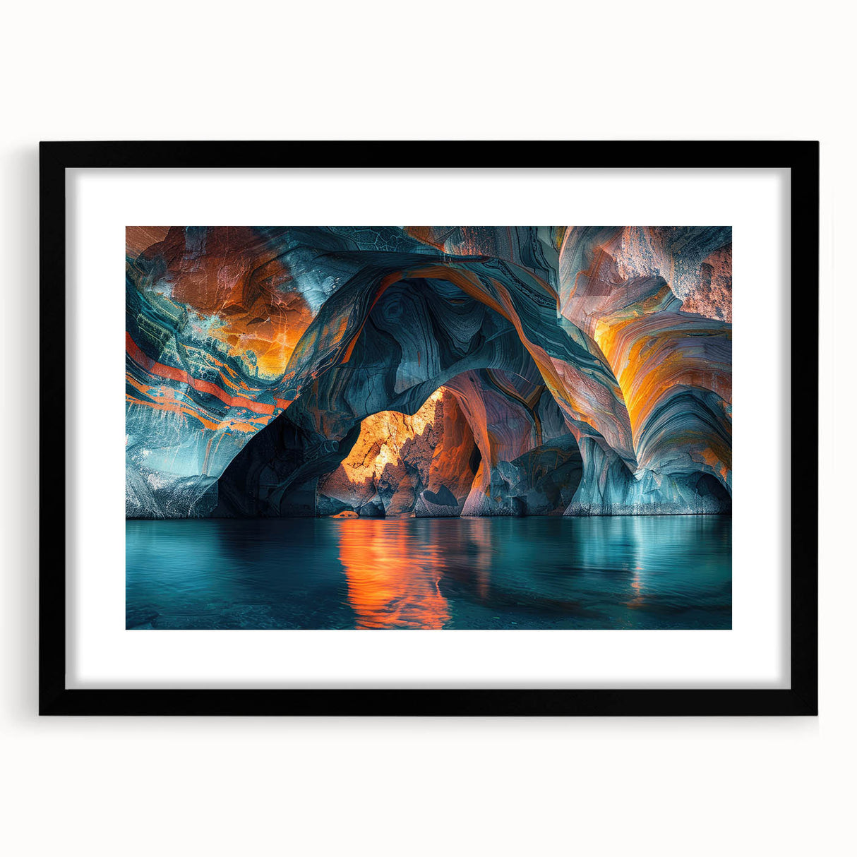 Framed wall art collection showcasing a stunning cave landscape design with a black mat and sleek frame, ideal for modern home decor and interior styling.