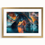 Framed wall art featuring a stunning landscape design with cave elements, accented by a gold mat, ideal for enhancing modern home decor. Perfect for art enthusiasts seeking unique, eye-catching pieces.