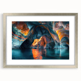 Framed wall art showcasing a stunning cave landscape design in silver frame with matting. Ideal for modern home decor, enhancing any living space with natural beauty.