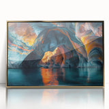 Framed acrylic wall art featuring a stunning cave landscape design in gold tones, showcasing intricate details and textures, perfect for contemporary home decor.