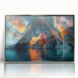 Framed acrylic wall art featuring a stunning cave landscape design with silver accents, perfect for home décor, showcasing vibrant colors and intricate details.