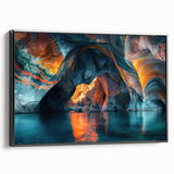 Framed canvas wall art showcasing a stunning landscape with caves, highlighted by deep earthy tones and intricate details, perfect for home decor.