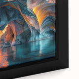 Close-up of a framed canvas wall art piece showcasing a vibrant landscape design featuring intricate cave formations and earthy tones, perfect for home decor.