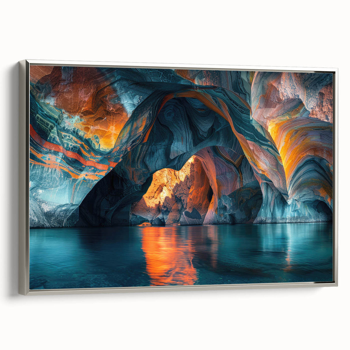 Framed canvas wall art showcasing a stunning cave landscape design with intricate details and a silver frame, perfect for enhancing modern home decor.