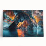 Stretched canvas artwork depicting a vibrant landscape with caves, featuring rich colors and intricate details, ideal for modern home decor.