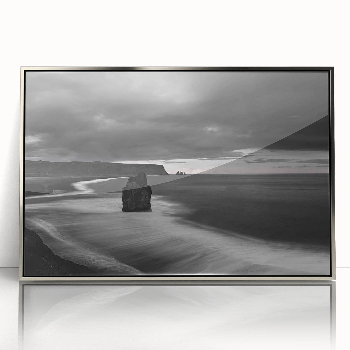 Framed acrylic wall art showcasing a stunning cliff landscape design, highlighted by silver accents, perfect for modern home decor. Ideal for nature lovers.