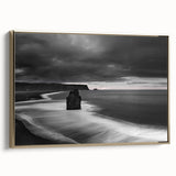Framed canvas wall art depicting a serene landscape of cliffs at sunset, featuring warm gold accents and a stylish side view, perfect for modern decor.