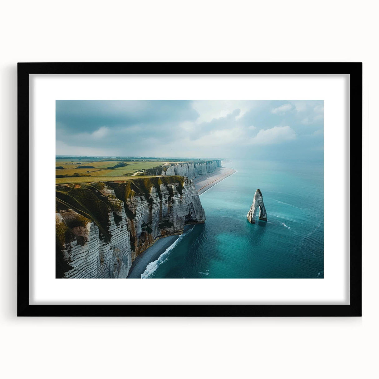 Black-framed wall art showcasing a stunning landscape of cliffs, designed to enhance interior aesthetics, featuring a white mat for an elegant finish.
