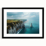 Black-framed wall art showcasing a stunning landscape of cliffs, designed to enhance interior aesthetics, featuring a white mat for an elegant finish.