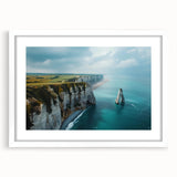 Framed wall art showcasing a stunning landscape of cliffs and ocean waves, featuring a white mat and sleek frame, perfect for modern home décor.
