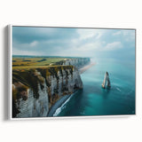 Framed canvas wall art showcasing a stunning landscape of cliffs, featuring vibrant colors and intricate details, presented in a sleek white frame for modern decor.