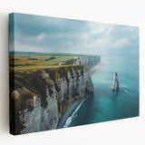 Stretched canvas wall art featuring a stunning cliff landscape design in vibrant colors, showcasing dramatic rock formations and a serene sky, perfect for home decor.