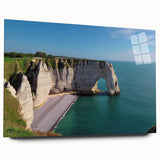 Acrylic glass wall art showcasing a vibrant landscape with cliffs, featuring rich colors and intricate details, displayed from a side view. Ideal for modern decor.