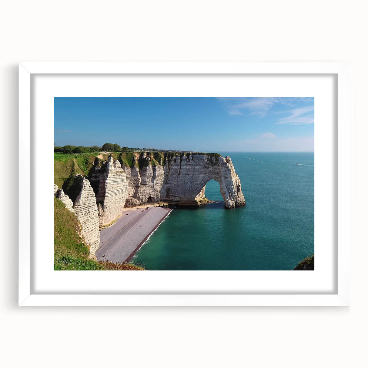 Wall art featuring a stunning mountain landscape with cliffs and vibrant colors, framed with a white mat for elegant display, perfect for home decor enhancement.