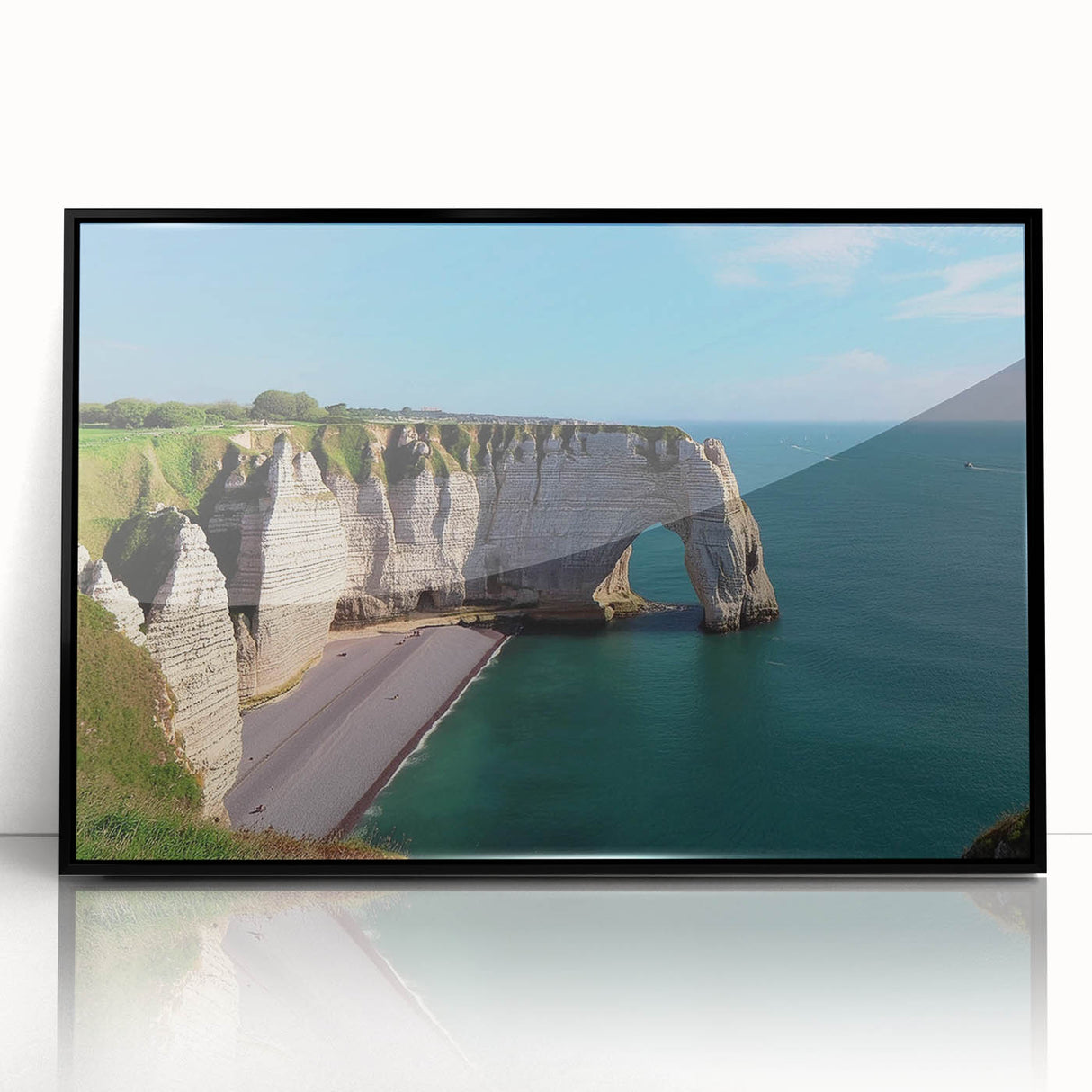 Framed acrylic wall art showcasing a stunning landscape of cliffs, featuring vibrant colors and intricate details, ideal for modern home decor enhancement.